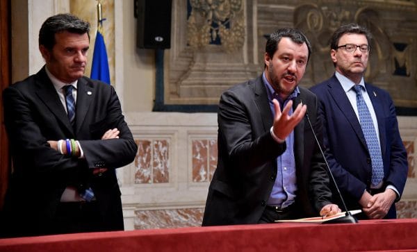 The Lega party's leader Matteo Salvini (C), with Giancarlo Giorgetti (R) and Gian Marco Centinaio (L), addresses the media after a meeting with designated Italian Prime Minister Giuseppe Conte for a round of consultations in Rome, Italy, 24 May 2018. Conte has been given the mandate to become Prime Minister by President Sergio Mattarella.  ANSA/ETTORE FERRARI