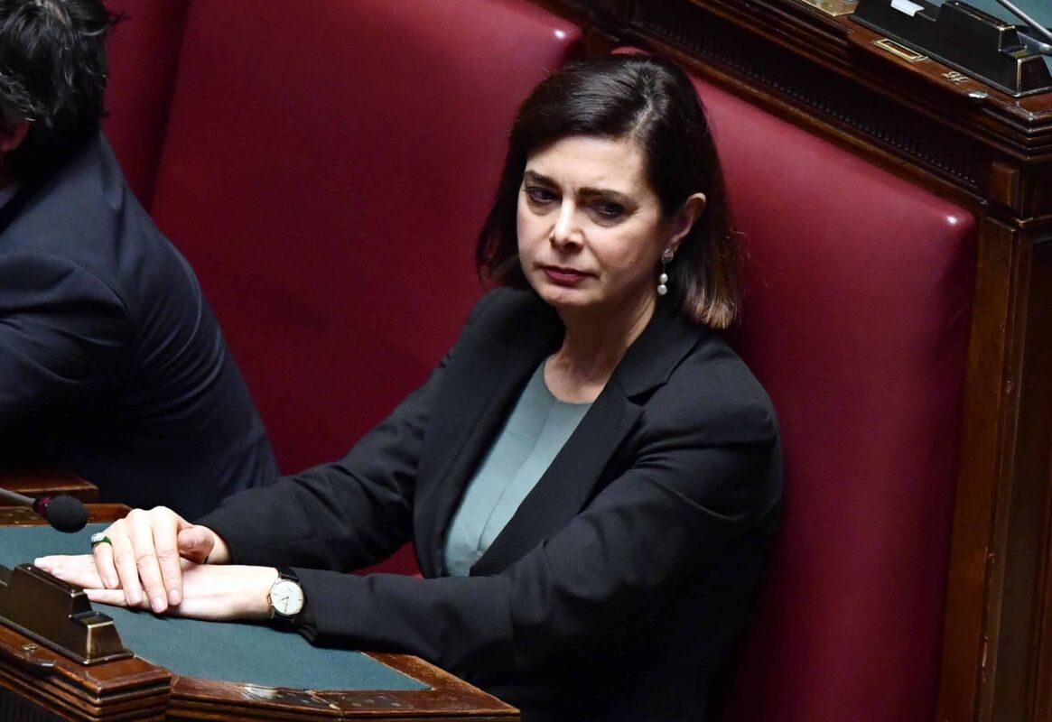 La presidente uscente Laura Boldrini nell'aula della Camera durante il discorso di insediamento di Roberto Fico del M5s, Roma, 24 marzo 2018. ANSA/ETTORE FERRARI