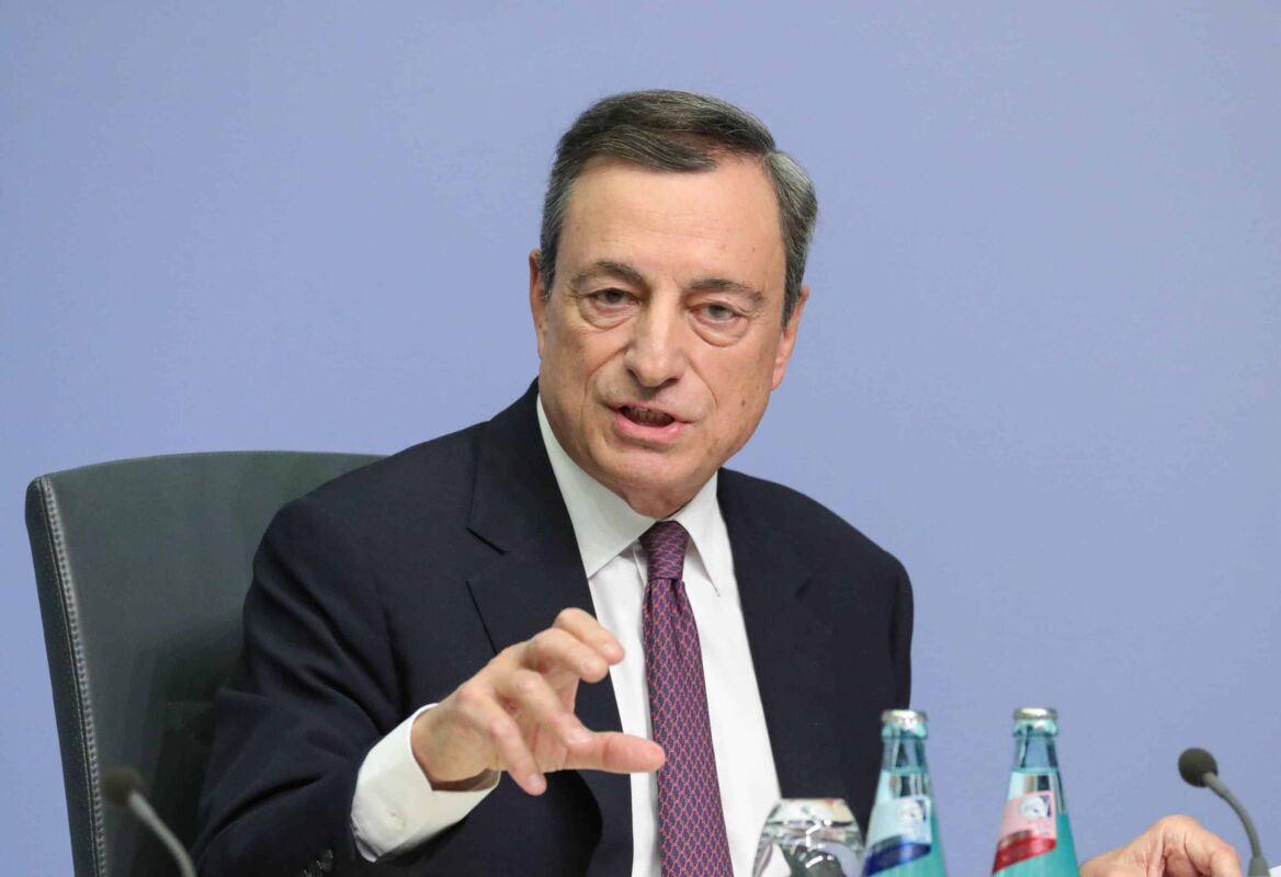 epa06290713 Mario Draghi, the President of the European Central Bank (ECB), gives a press conference in Frankfurt am Main, Germany, 26 October 2017. The European Central Bank announced it would keep its lending rate at zero per cent and extends its ongoing bond-buying scheme but reduces the scope from 60 billion euro to 30 billion euro as part of its monthly quantitative easing programme as a major policy shift. The new policy is to take effect as of January 2018 and lasts at least until September.  EPA/ARMANDO BABANI