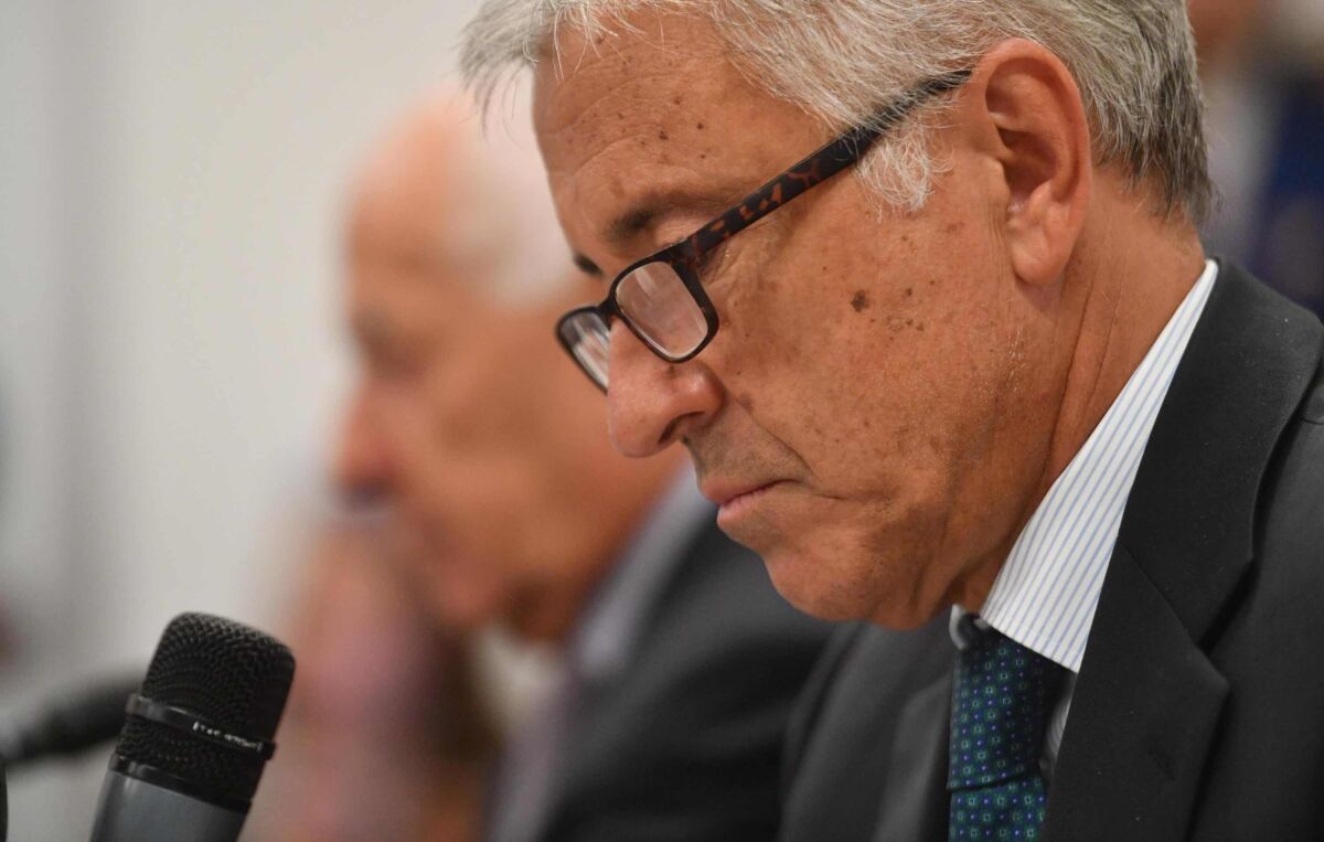 Autostrade per l'Italia Chief Executive Giovanni Castellucci holds a news conference about the collapsed Morandi Bridge in Genoa, Italy, 18 August 2018.   ANSA/LUCA ZENNARO