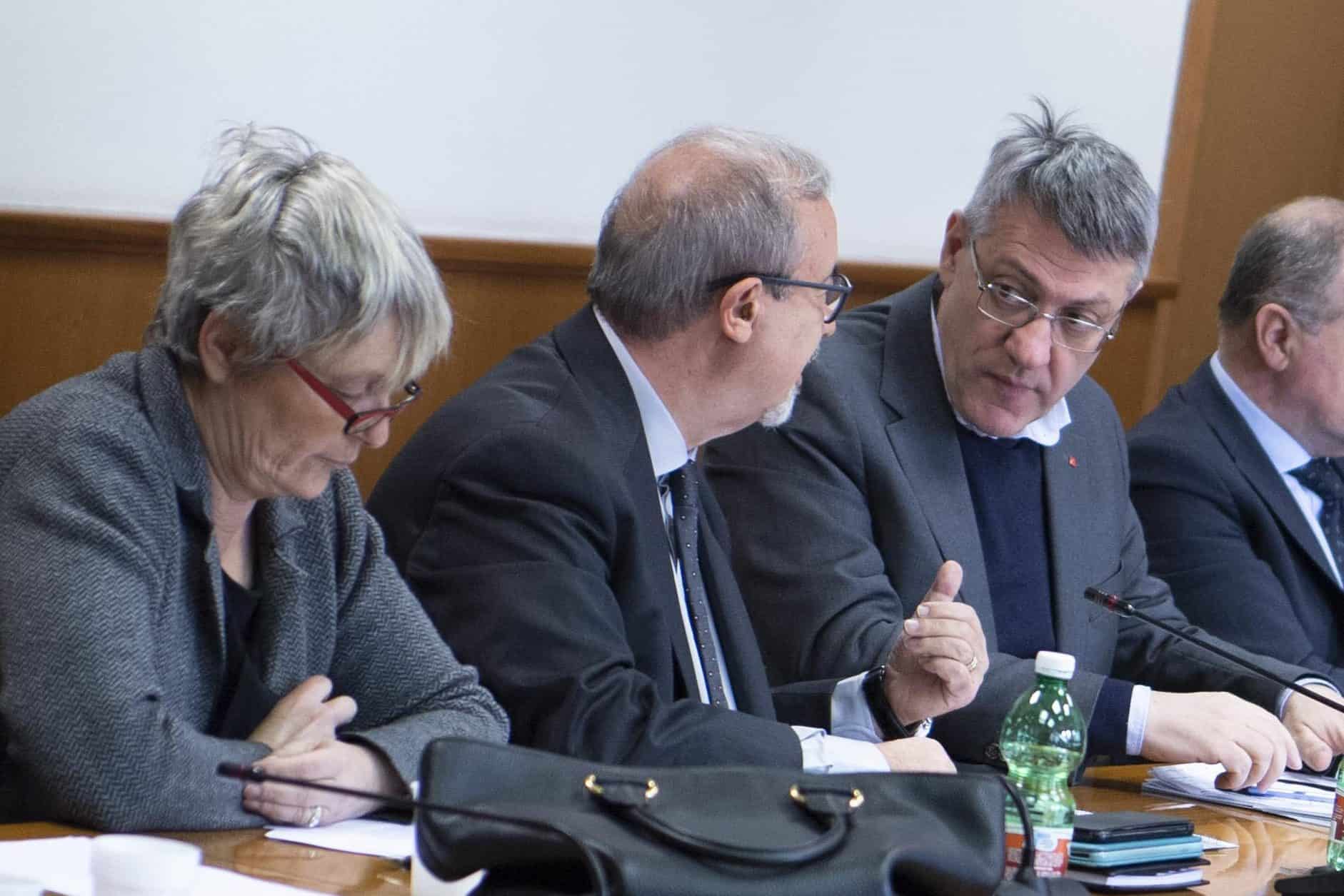 (D-S) I leader sindacali della Cgil Maurizio Landini, Uil Carmelo Barbagallo e Cisl Annamaria Furlan, nel corso dell'incontro al Ministero del Lavoro, con il sottosegretario Claudio Durigon, per la riforma delle pensioni a Roma, 25 febbraio 2019.   ANSA/MAURIZIO BRAMBATTI