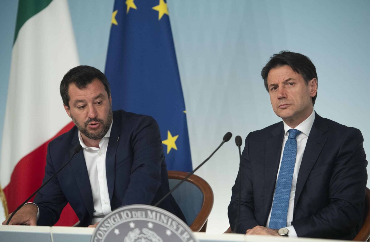 Italian Prime Minister Giuseppe Conte (R) with Italian Deputy Premier and Interior Minister, Matteo Salvini, attend a press conference after a Cabinet at Chigi Palace in Rome, Italy, 11 June 2019.
ANSA/MAURIZIO BRAMBATTI