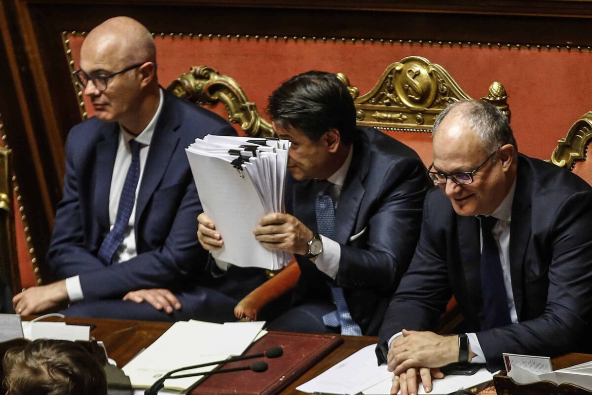 Italian Prime Minister Giuseppe Conte (C) during a session of the Senate in Rome, Italy, 02 December 2019. Conte reported on the European Stability Mechanism (ESM) as coalition infighting deepen on the reform of the eurozone's bailout fund, media reported. Italy's government will hold a vote in parliament abut the reform next week. ANSA/FABIO FRUSTACI