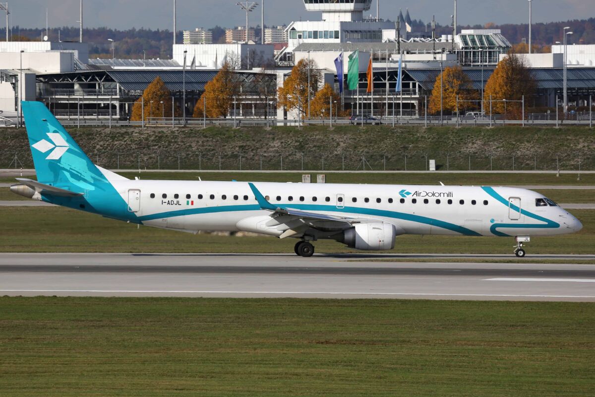 Munich, Germany  24. October 2013: Air Dolomiti Embraer 190 at Munich airport (MUC) in Germany. | usage worldwide