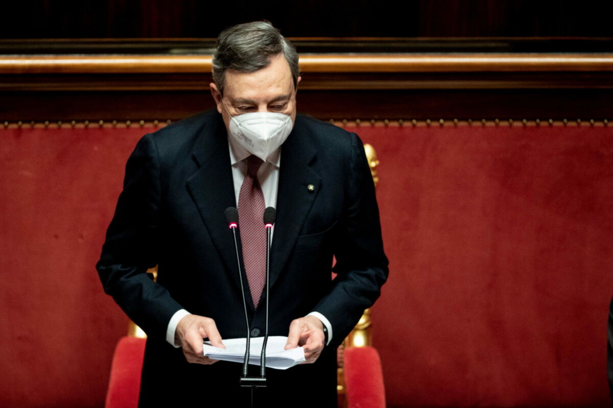 epa09017751 Italian premier Mario Draghi during his address to the Senate ahead of a confidence vote, in Rome, Italy, 17 February 2021.  Premier Mario Draghi and his new cabinet were sworn in before President Sergio Mattarella on 13 February 2021. The new government will face vote of confidence in the Senate on 17 February and later another vote in the lower chamber on 18 February. The executive led by the former president of the European Central Bank is a sort of government of national unity assembled to prevent the country having to hold early elections in the middle of the COVID-19 pandemic following the collapse of ex-premier Giuseppe Conte's administration.  EPA/ROBERTO MONALDO / POOL