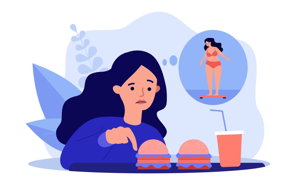 Girl,Worrying,About,Her,Appearance,,Eating,Fast,Food.,Flat,Vector