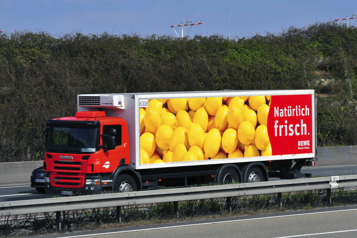 Frankfurt,germany-march,28:scania,Truck,Of,Rewe,On,The,Highway,On,March