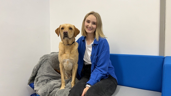 Clara Wilson from Queen's University Belfast with Leon the dog  CREDIT Clara Wilson, Queen's University Belfast