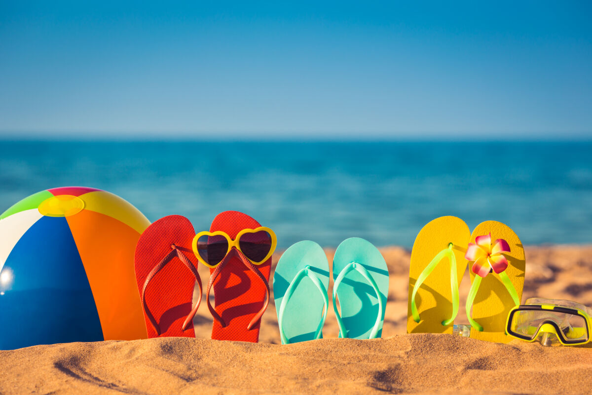 Flip-flops,,Beach,Ball,And,Snorkel,On,The,Sand.,Summer,Vacation