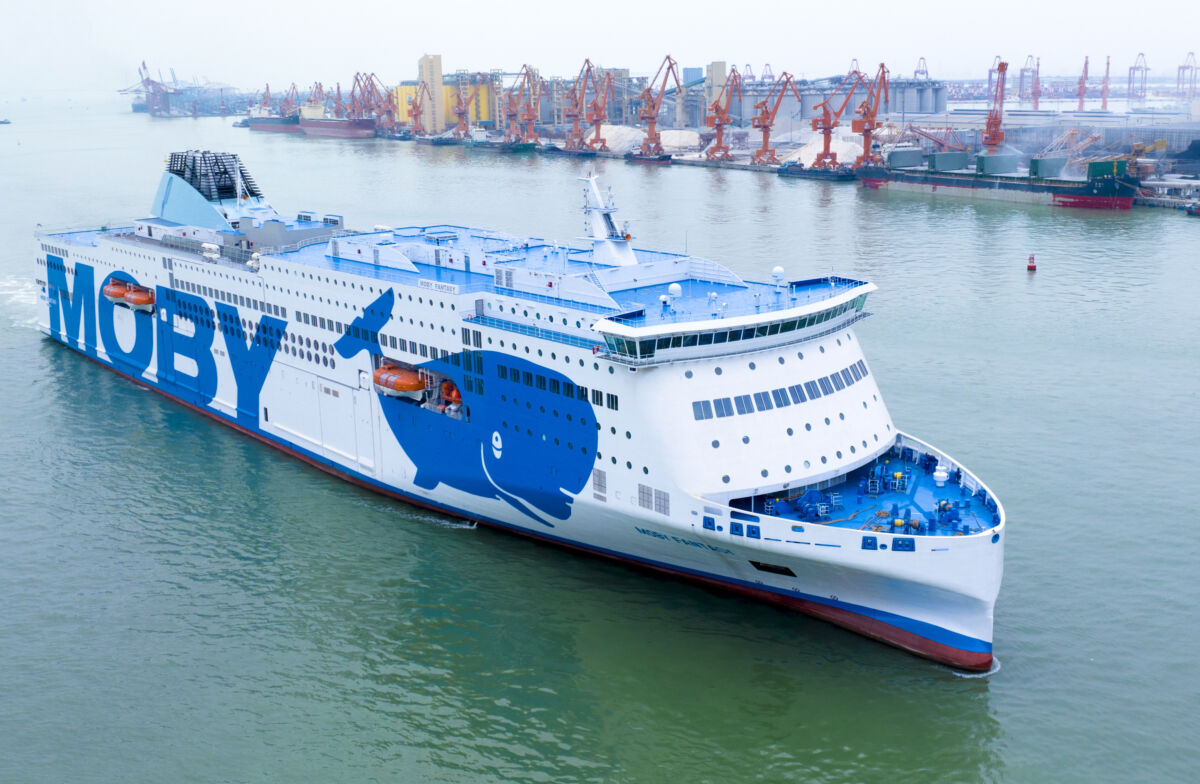 GUANGZHOU, May 16, 2023  This aerial photo taken on April 12, 2023 shows the luxury ''ro-ro'' (roll-on/roll-off) passenger ship Moby Fantasy in Guangzhou, south China's Guangdong Province. TO GO WITH ''Chinese-made ''ro-ro'' passenger ship sails to Italy'' (Guangzhou Shipyard International Co., Ltd./Handout via Xinhua) (Credit Image: Â© Zhou Ying/Xinhua via ZUMA Press)