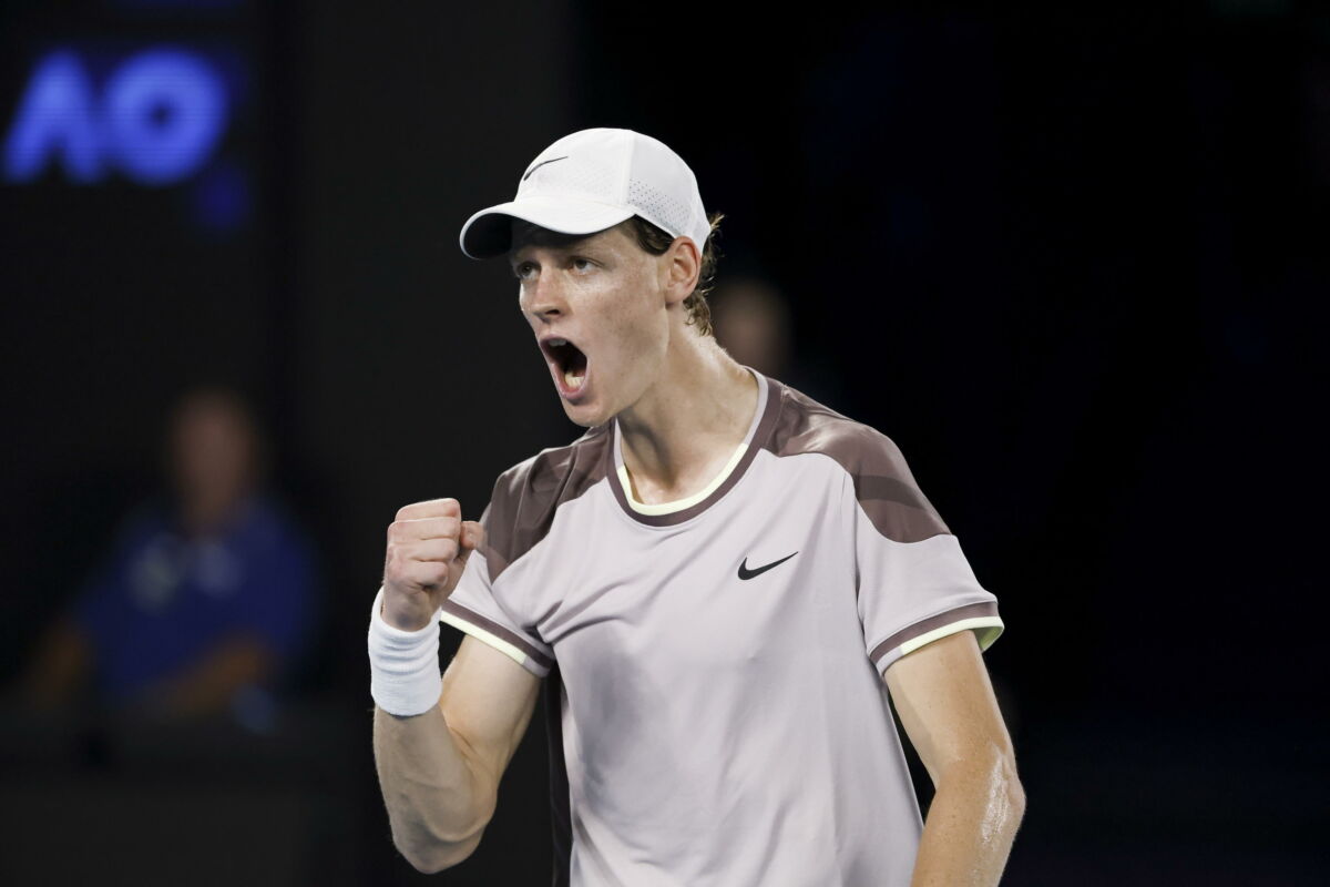 epa11110228 Jannik Sinner of Italy reacts during his Men's Singles final match against Daniil Medvedev of Russia at the 2024 Australian Open tennis tournament, in Melbourne, Australia, 28 January 2024.  EPA/MAST IRHAM