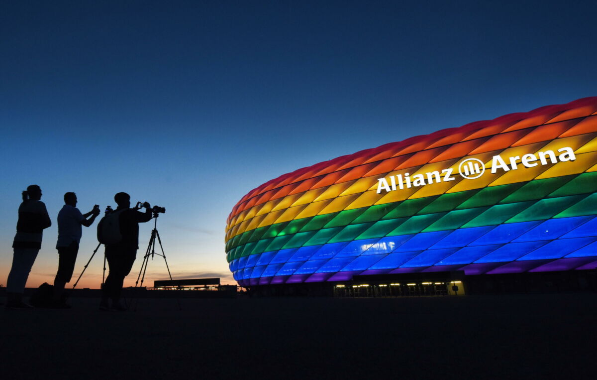epa09292925 (FILE) - The facade of the landmark 'Allianz Arena' stadium is illuminated in the rainbow colors of the LGBT (Lebian, Gay, Bisexual and Transgender) movement to mark the Christopher Street Day, in Munich, Germany, 09 July 2016 (reissued 2 June 2021). The UEFA has declined a request from Munich authorities to illuminate the stadium's facade in rainbow colours for the UEFA Euro 2020 group stage match Germany vs Hungary to be held on 23 June 2021. "Given the political context of this specific request -- a message aiming at a decision taken by the Hungarian national parliament -- UEFA must decline this request," the football governing body said.  EPA/TOBIAS HASE  GERMANY OUT *** Local Caption *** 52880173