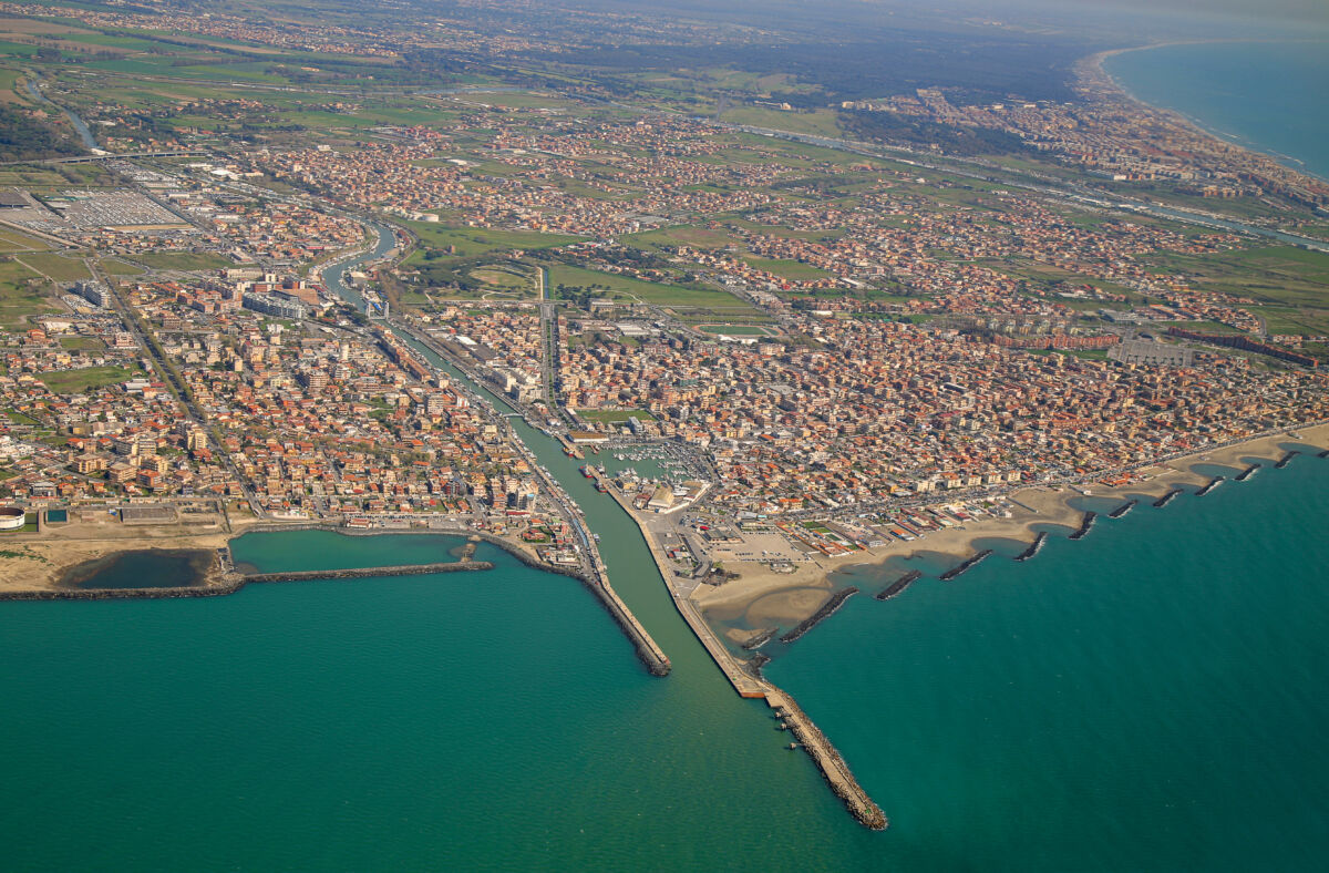 aerial view of the Tyrrhenian coastline and Fiumicino town, near Roma, Lazio, Italy