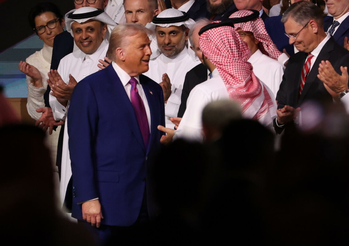 epa12096720 US President Donald Trump (L) attends the Keynote Address at the Saudi-US Investment Forum in Riyadh, Saudi Arabia, 13 May 2025. The forum is taking place during the state visit of US President Trump to Saudi Arabia on 13 May.  EPA/ALI HAIDER
