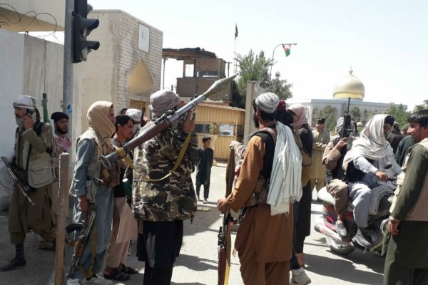 epa09410791 Taliban militants patrol after taking control of the Governor's house and Ghazni city, in Afghanistan, 12 August 2021. Taliban fighters on 12 August captured the strategic Ghazni province that connects the capital Kabul to other southern Afghan regions, officials and the insurgents said. The region became the 10th province to fall to the insurgents in a week in their major offensive toward Kabul after the United States-led foreign troops withdrew from the war-ravaged country.  EPA/NAWID TANHA