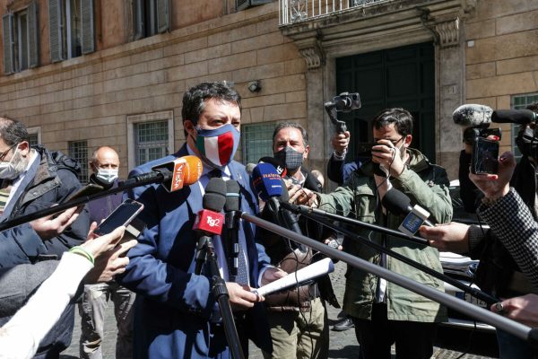 Lega Nord (Northern League) leader Matteo Salvini meets the press at San Luigi dei Francesi square in Rome, 24 March, 2021. "I say thank you to Draghi for repeating that the goal is to reopen, starting with children in schools and then in April, all economic, cultural and sporting activities. limit." - Salvini said. 
ANSA/GIUSEPPE LAMI