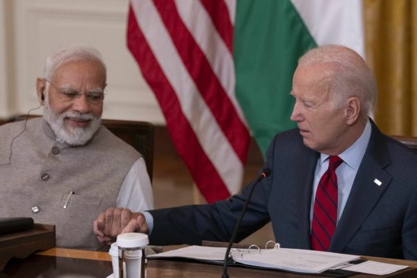 June 23, 2023, Washington, District of Columbia, USA: Prime Minister Narendra Modi of the Republic of India and United States President Joe Biden hold hands during a meeting with senior officials and CEOs of American and Indian companies gathered to discuss innovation, investment, and manufacturing in a variety of technology sectors, including AI, semiconductors, and space at the White House in Washington, DC, June 23, 2023  (Credit Image: © Chris Kleponis - Pool Via Cnp/CNP via ZUMA Press Wire)