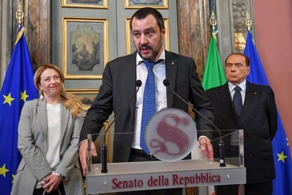 Leader of Lega party Matteo Salvini (C) with President of 'Fratelli d'Italia' party Giorgia Meloni (L) and leader of Forza Italia party Silvio Berlusconi address the media after a meeting with Senate Speaker Maria Elisabetta Alberti Casellati for a round of consultations after getting an exploratory government-formation mandate from Italian President Sergio Mattarella in Rome, Italy, 19 April 2018. President Mattarella has given Senate Speaker Casellati the task of verifying coalition possibilities following the 04 March general election in order to make a decision on to whom to give a mandate to form a new government.
ANSA/ALESSANDRO DI MEO