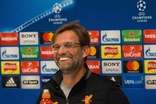 epa06687275 Juergen Klopp, manager of Liverpool, reacts during a press conference held at the Anfield in Liverpool, Britain, 23 April 2018. 
Liverpool FC will face Roma FC in the UEFA Champions League semi final first leg soccer match held at Anfield, Liverpool, Britain, 24 April 2018.  EPA/Peter Powell .