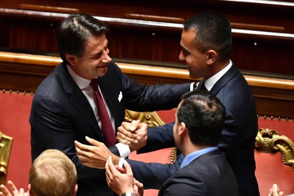 Italian Prime Minister, Giuseppe Conte, with Deputy Prime Minister Luigi Di Maio (R) after his speech at the Senate in Rome, Italy, 20 August 2019.
ANSA/ETTORE FERRARI