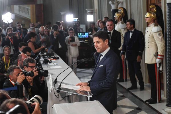 Italian Prime Minister-designate Giuseppe Conte addresses the media to announce his list of ministers after a meeting with Italian President Sergio Mattarella at the Quirinale Palace in Rome, Italy, 4 September 2019.
ANSA/ALESSANDRO DI MEO