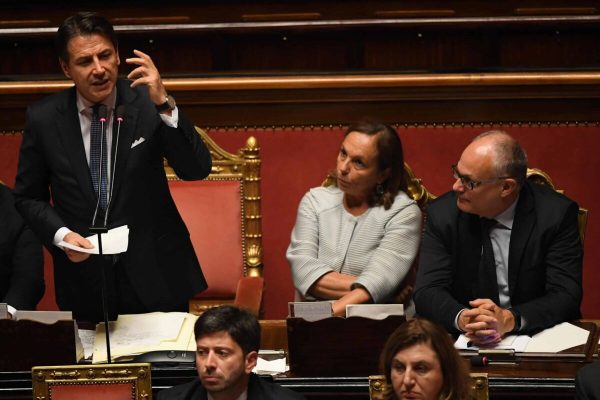 Italy's Prime Minister, Giuseppe Conte, intervenes in the debate at the Senate ahead of a second confidence vote on his coalition government, in Rome, Italy, 10 September 2019. 
ANSA/MAURIZIO BRAMBATTI