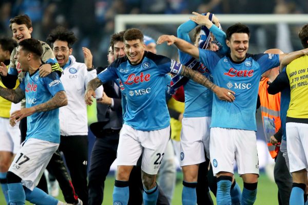 Napolis players celebrate the victory of the Italian Serie A Championship (Scudetto) at the end of the match against Udinese Calcio at the Dacia Arena stadium in Udine, Italy, 4 May 2023. ANSA / GABRIELE MENIS