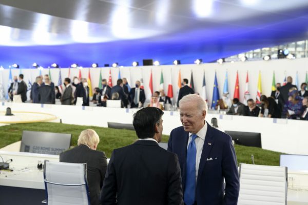 October 30, 2021, Rome, Lazio, Italy: Joe Biden (C), President of the United States, seen speaking with a guest, during the first day of the summit..The G20 Summit of Head of States in âLa Nuvolaâ centre, lead by the Italian Prime Minister, Mario Draghi. The discussion of the first session is âGlobal Economy and Global Healthâ, for improving economy and reprise after Coronavirus. (Credit Image: © Valeria Ferraro/SOPA Images via ZUMA Press Wire)