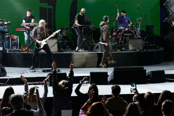 Fedez (2-R) performs on stage at Auditorium Parco della Musica for May Day concert, Rome, 1 may 2021. ANSA/PRESS OFFICE