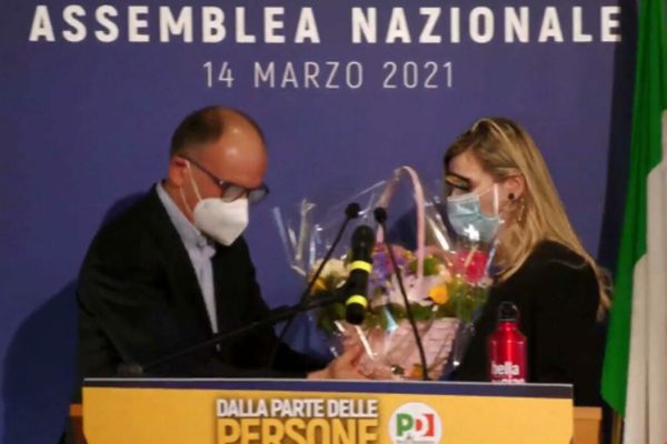 Il fermo immagine tratto dalla diretta Facebook mostra Enrico Letta dopo la sua elezione a segretario del Partito democratico, Roma, 14 marzo 2021. FACEBOOK +++ATTENZIONE LA FOTO NON PUO' ESSERE PUBBLICATA O RIPRODOTTA SENZA L'AUTORIZZAZIONE DELLA FONTE DI ORIGINE CUI SI RINVIA+++