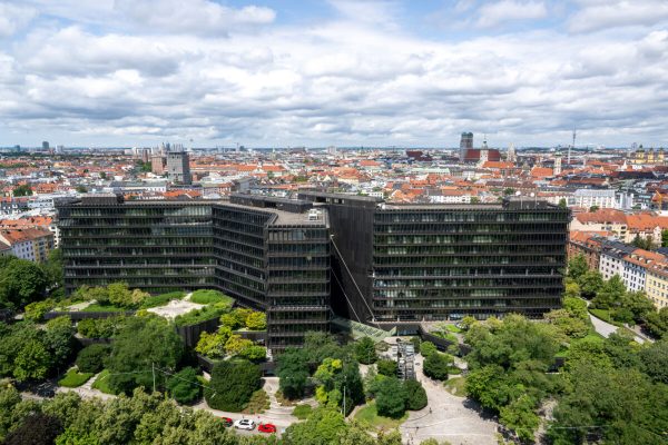 16 July 2023, Bavaria, Munich: View from the big tower over the Bavarian capital Munich. The European Patent Office. Photo: Peter Kneffel/dpa