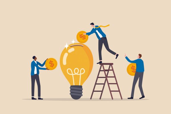 Fundraising idea, funding new innovative project, donation, investing or VC venture capital to support startup idea concept, business people donate or contribute fund raiser new lightbulb project.