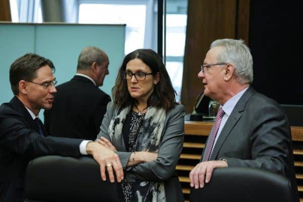 epa06633728 (L-R) European Commissioner in charge of Jobs, Growth, Investment and Competitiveness, Jyrki Katainen (L) from Finland and European Commissioner for Trade, Cecilia Malmstroem  (C ) and European Commissioner for International Cooperation and Development Neven Mimica (R) during weekly college meeting of the European commission in Brussels, Belgium, 28 March 2018.  EPA/ARIS OIKONOMOU