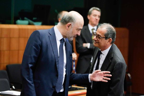 Italian Minister of Economy and Finance Giovanni Tria and Pierre Moscovici, the European Commissioner for Economic and Financial Affairs and Taxation, at the  Eurogroup finance ministers meeting at the European Council in Brussels, Belgium, 16 May 2019. The Eurogroup will exchange views on the economic situation of the euro area following the European Commission Spring forecast published on 07 May.  ANSA/ARIS OIKONOMOU