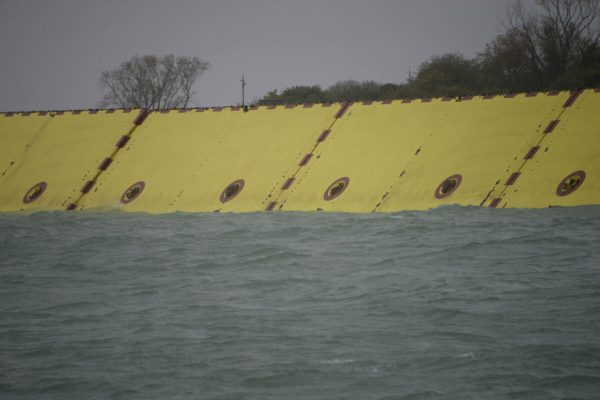 A view of Mose protection system activated in Venice, Italy, 15 October 2020. High water in Venice was successfully blocked. At the barriers of the Lido-San Nicolo a water level of 135 centimeters, in the Adriatic 105 centimeters and in the lagoon 65 centimeters were recorded around 10:00 am local time. ANSA / Andrea Merola