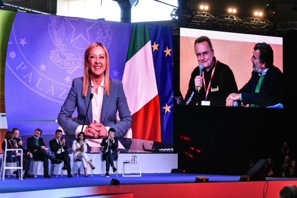 Giorgia Meloni (President of the Council of Ministers) intervenes remotely during the XXXIX Assembly of the National Association of Italian Municipalities ANCI  in Bergamo, Italy, 24 November 2022.ANSA/MICHELE MARAVIGLIA