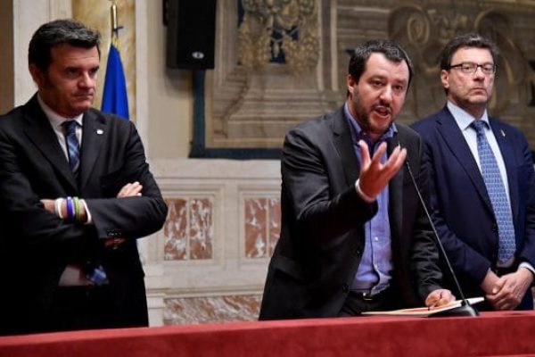 The Lega party's leader Matteo Salvini (C), with Giancarlo Giorgetti (R) and Gian Marco Centinaio (L), addresses the media after a meeting with designated Italian Prime Minister Giuseppe Conte for a round of consultations in Rome, Italy, 24 May 2018. Conte has been given the mandate to become Prime Minister by President Sergio Mattarella.  ANSA/ETTORE FERRARI