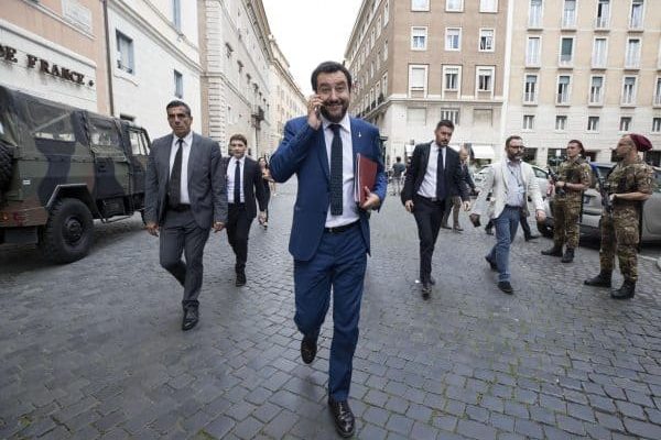 Il ministro dell'Interno Matteo Salvini arriva al Senato per il voto di fiducia, Roma, 5 giugno 2018. ANSA/MASSIMO PERCOSSI