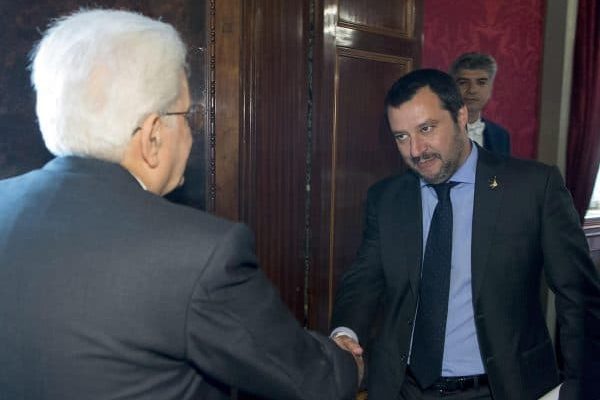 Italian President Sergio Mattarella (L) meets Secretary of Lega party, Matteo Salvini, at the Quirinale Palace, Italy, Rome, 14 May 2018.
ANSA/QUIRINALE PRESS OFFICE/PAOLO GIANDOTTI
+++ ANSA PROVIDES ACCESS TO THIS HANDOUT PHOTO TO BE USED SOLELY TO ILLUSTRATE NEWS REPORTING OR COMMENTARY ON THE FACTS OR EVENTS DEPICTED IN THIS IMAGE; NO ARCHIVING; NO LICENSING +++
