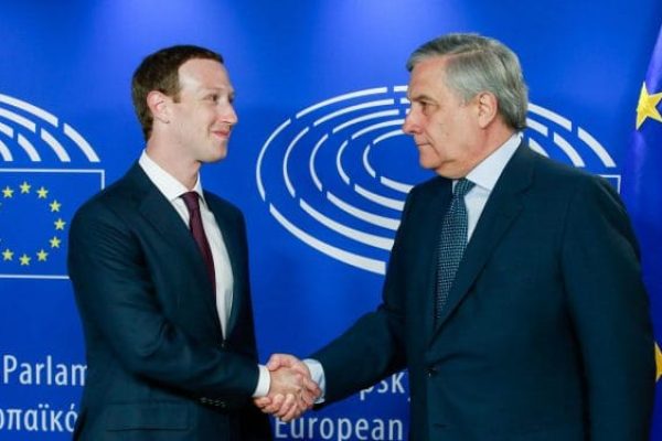 epa06756074 The founder and CEO of Facebook Mark Zuckerberg (L) is welcomed by EP President Antonio Tajani at the European Parliament ahead of an hearing at the European Parliament in Brussels, Belgium, 22 May 2018. Facebook CEO Mark Zuckerberg appeared before the European Parliament  representatives to answer questions in a live broadcast on data information  breach by Cambridge Analytica and also how Facebook uses personal data in general.  EPA/STEPHANIE LECOCQ