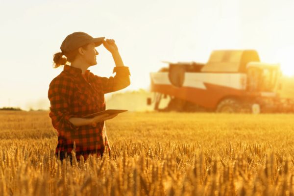 Woman,Farmer,With,Digital,Tablet,On,A,Background,Of,Combine