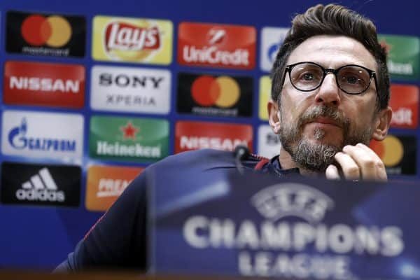 The headcoach Eusebio Di Francesco during AS Roma's press conference prior Champions League quarter-final match vs Barcelona at the Olimpico Stadium, Rome, Italy, 9 April 2018. ANSA/RICCARDO ANTIMIANI