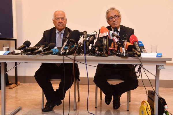 Autostrade per l'Italia Chairman Fabio Cerchiai  (L) and Autostrade per l'Italia Chief Executive Giovanni Castellucci hold a news conference about the collapsed Morandi Bridge in Genoa, Italy, 18 August 2018.   ANSA/LUCA ZENNARO