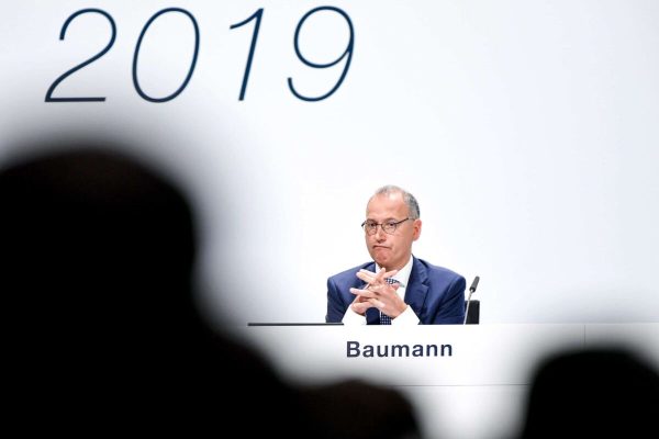 epa07529213 Werner Baumann, CEO of German pharmaceutical company Bayer, seen during the annual shareholders' meeting of Bayer AG at the World Conference Center (WCC) in Bonn, Germany, 26 April 2019. The company said the Bayer Group achieved a strong start to the year in its operational business. Sales of Bayer in the first quarter rose by 4.1 per cent on a currency- and portfolio-adjusted basis to 13.015 billion euros. EBIT declined by 15.6 per cent to 1.950 billion euros, after net special charges of 1.050 billion euros. The principal charges concerned were a total of 492 million euros in connection with the acquisition and integration of Monsanto, and 393 million euros pertaining to the announced restructuring. Net income declined by 36.5 per cent to 1.241 billion euros due to high special charges. Bayer's free cash flow almost doubled to 508 million euros.  EPA/SASCHA STEINBACH  EPA-EFE/SASCHA STEINBACH