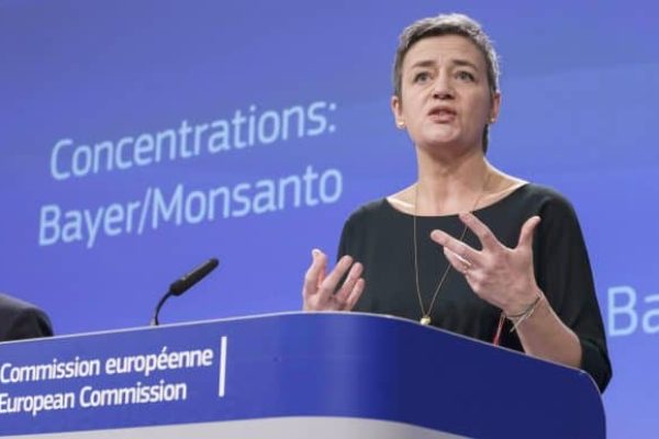 epa06617280 EU Commissioner for Competition, Danish, Margrethe Vestager gives a press conference on Mergers Of Bayer and Monsanto in Brussels, Belgium, 21 March 2018. The European Commission has approved under the EU Merger Regulation the acquisition of Monsanto by Bayer.  EPA/OLIVIER HOSLET