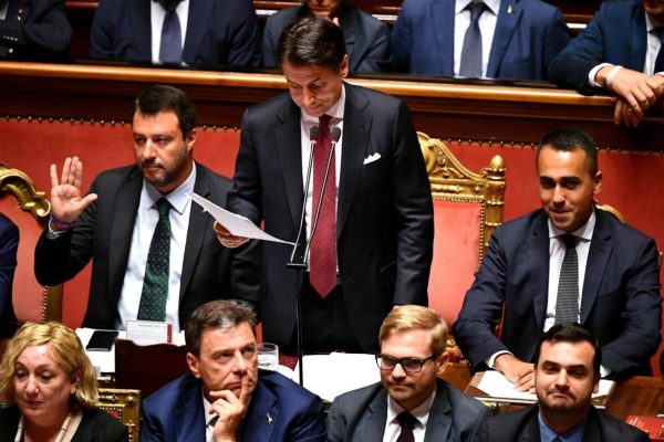 Italian Prime Minister Giuseppe Conte (C) is flanked by Deputy Prime Ministers Matteo Salvini (L) and Luigi Di Maio (R) as he addresses to the Senate about the government crisis, in Rome, Italy, 20 August 2019.
ANSA/ ETTORE FERRARI