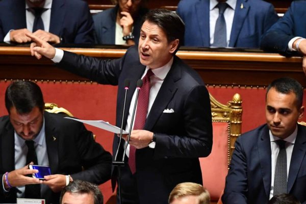 Italian Prime Minister Giuseppe Conte (C) is flanked by Deputy Prime Ministers Matteo Salvini (L) and Luigi Di Maio (R) as he addresses to the Senate about the government crisis, in Rome, Italy, 20 August 2019.
ANSA/ ETTORE FERRARI