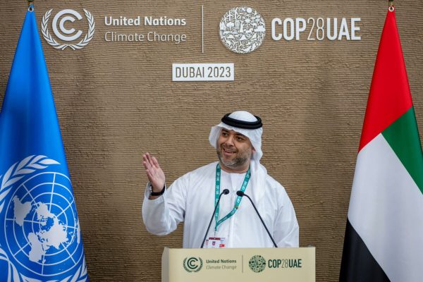 epa11024035 Director-General of COP28 climate conference Ambassador Majid Al Suwaidi speaks to journalists during the 2023 United Nations Climate Change Conference (COP28), in Dubai, United Arab Emirates, 12 December 2023. The 2023 United Nations Climate Change Conference (COP28), runs from 30 November to 12 December, and is expected to host one of the largest number of participants in the annual global climate conference as over 70,000 estimated attendees, including the member states of the UN Framework Convention on Climate Change (UNFCCC), business leaders, young people, climate scientists, Indigenous Peoples and other relevant stakeholders will attend.  EPA/MARTIN DIVISEK