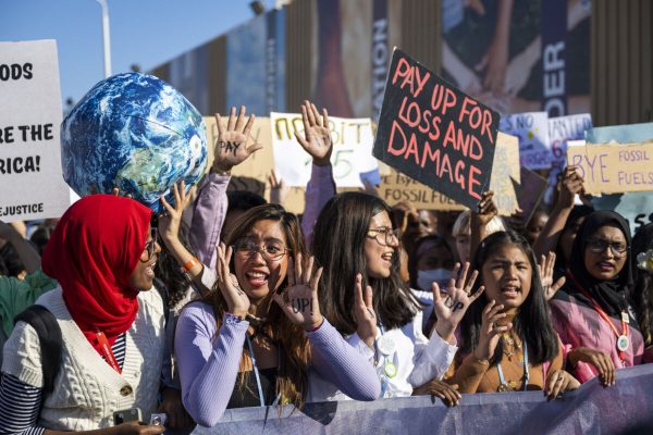 18 November 2022, Egypt, Scharm El Scheich: Participants of a demonstration at the UN Climate Summit COP27 hold placards and banners. Photo: Christophe Gateau/dpa