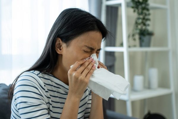 Asian,Beautiful,Woman,Having,Running,Nose,And,Sneezing,In,Living